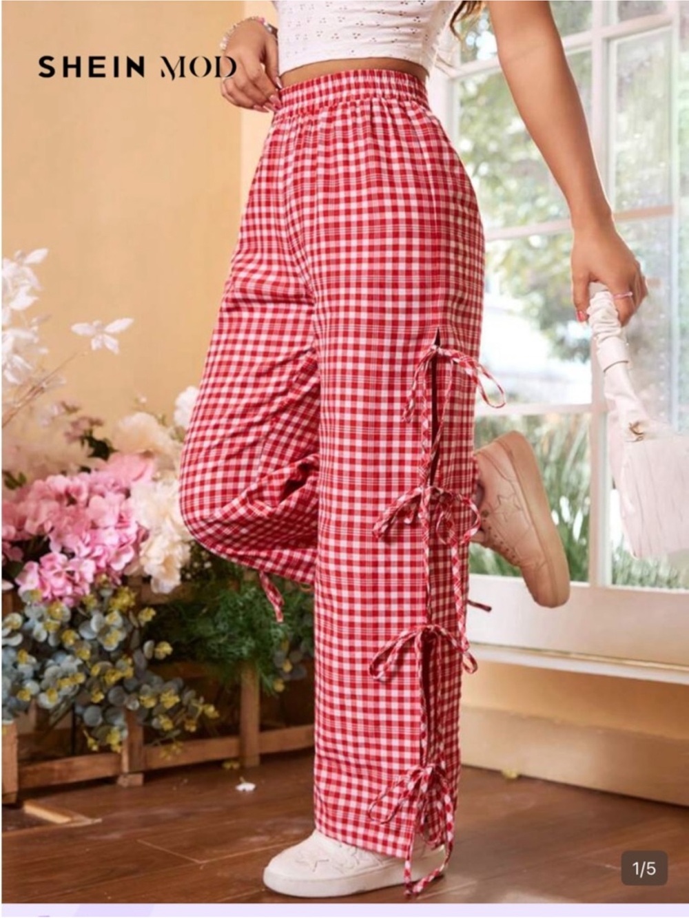 SHEIN Red & White Gingham Wide Leg Tie-Side Pants size xs
